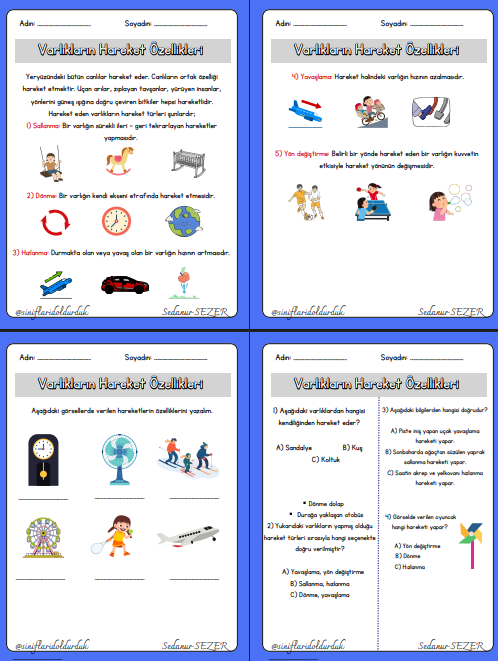 Varlıkların Hareket Özellikleri Defter Notları ve Çalışma Yaprakları