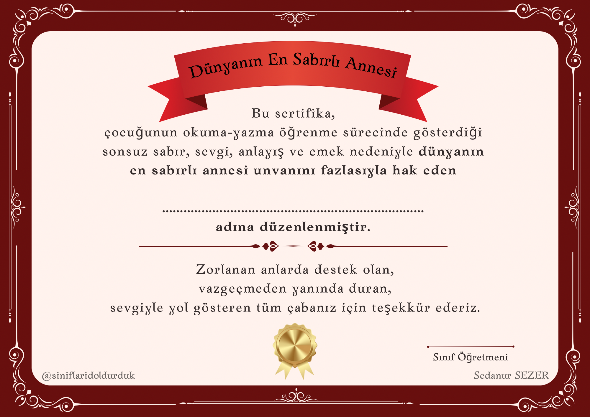 1.Sınıf Annelerine Özel sertifika