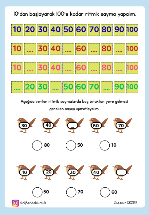 10'dan başlayarak 100'e kadar ritmik sayma