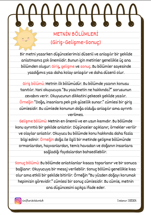 Metnin Bölümleri (Giriş,gelişme,sonuç) Defter Notu